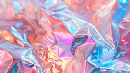 Iridescent crumpled foil with vibrant colors reflecting light in an abstract composition