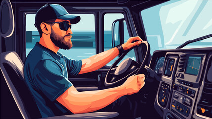 Illustration of a truck driver. Trucker. Man behind the wheel. Driver.