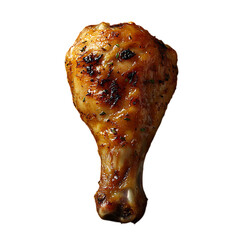 Close-up of glazed and grilled chicken leg on transparent background.