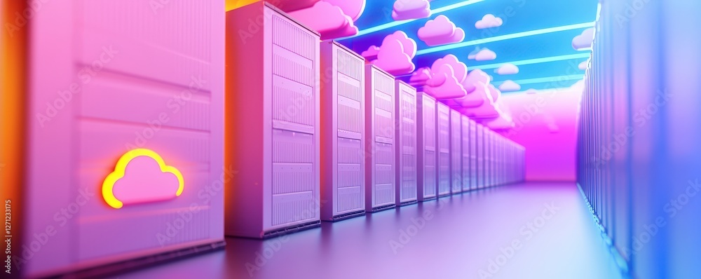 Poster a vibrant, futuristic data center featuring colorful clouds and sleek storage units, creating a dyna