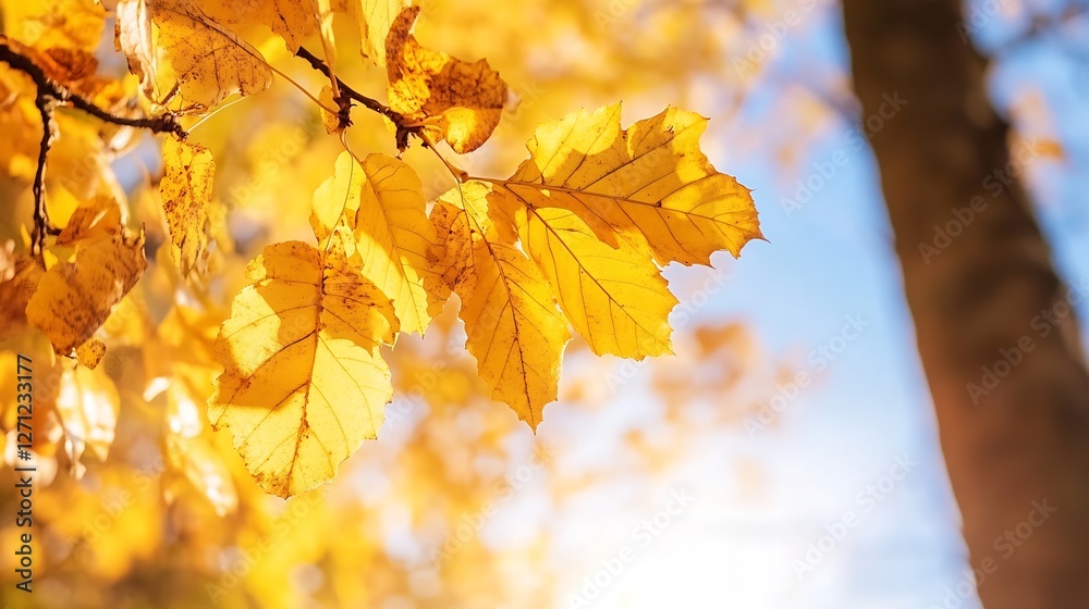 Poster golden autumn leaves gently illuminated by sunlight creating a warm and vibrant seasonal scene : gen