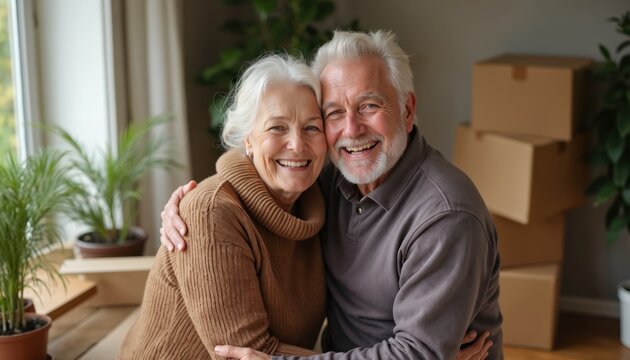 Senior couple embraces in new home with moving boxes, plants. Happy older man, woman smile, hug, celebrate relocation, downsizing. Concept of real estate, retirement lifestyle, family values, - Powered by Adobe