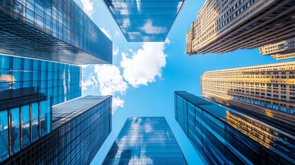 Skyscrapers Reaching Towards a Bright Blue Sky with Clouds