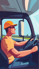 Illustration of a truck driver. Trucker. Man behind the wheel. Driver.