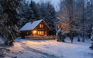 A cozy wooden cabin covered in snow, nestled in a winter forest