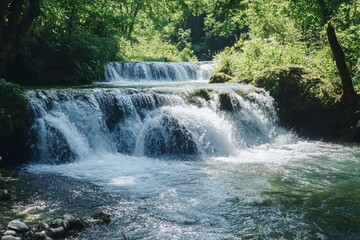 Fototapeta premium Serene Waterfall Cascading Over Rocks in Lush Green Forest Scene