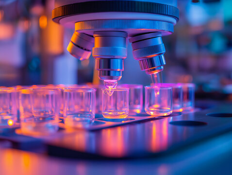 Microscope analysis of samples in a laboratory setting.  Precise scientific research in progress.