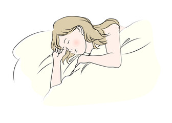 ベッドの中で眠る女性のイラスト 上半身横向き　横顔