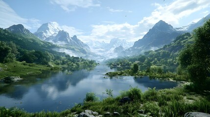 Serene Mountain Lake Landscape with Lush Green Valley