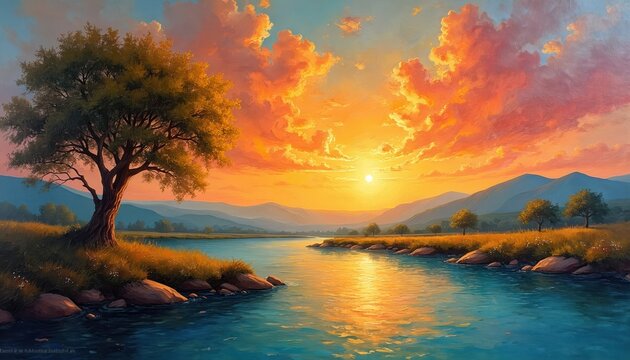 Vibrant oil painting of sunset over river with trees. Colorful nature landscape, sun and sky reflections on water. Gold, orange, yellow, blue and green colors creating serene scenic nature.