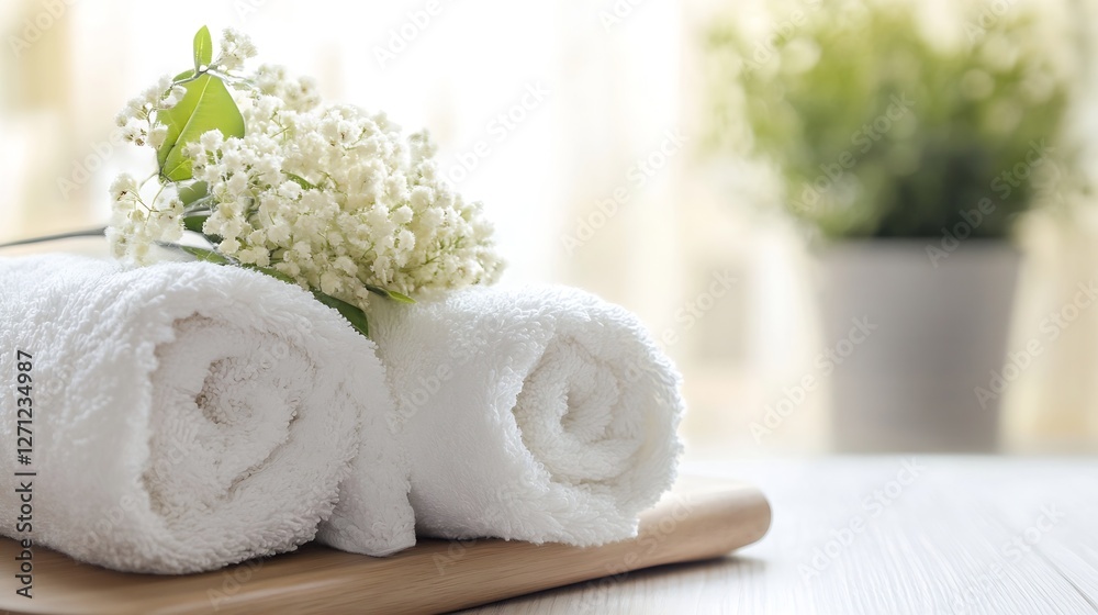 Poster Luxurious Spa Setting with Soft White Towels and Fresh Flowers for Pampering : Generative AI