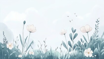 Gentle Watercolor Floral Landscape, Pastel Blue and White Floral Background, Serene Nature Scene