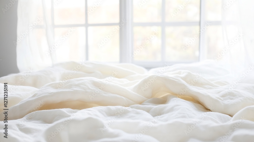 Poster cozy bed with soft white blankets and sunlight streaming through a bright window : generative ai
