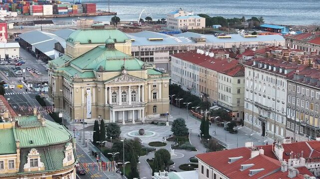 Drone footage of the Croatian National Theatre Ivan Zajc in Rijeka, Croatia. The video captures the historic building and its surroundings, highlighting its cultural and architectural significance.