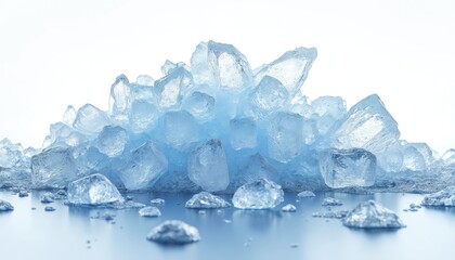 Obraz premium Pile of blue ice crystals with transparent parts background. Shattered, broken glace cubes heap. Design element on white. Frozen water blocks on blue surface. Abstract texture background, frost