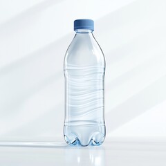 Fototapeta premium A realistic illustration of a transparent plastic water bottle with a blue cap, filled with clear water, on a white background.