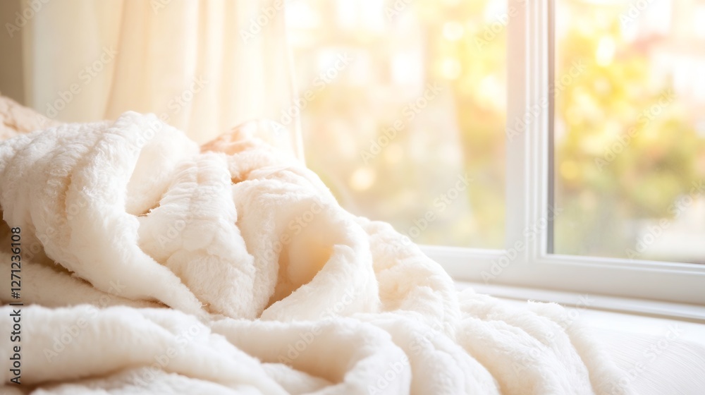 Leinwandbilder cozy and inviting textured blanket draped over a sunlit window ledge inviting warmth and relaxation 