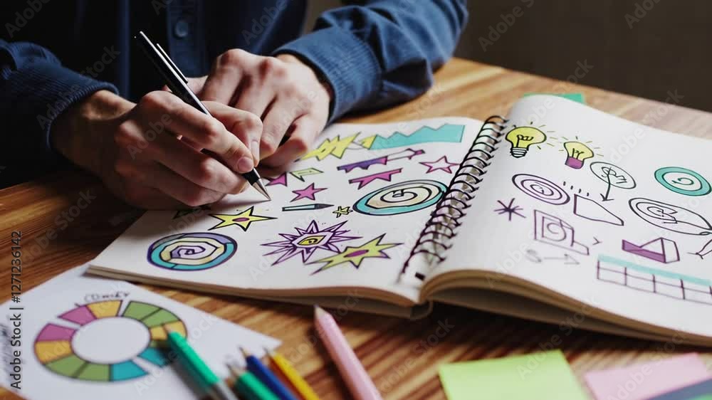 Poster professional marketing manager strategizing business plan, drawing colorful icons and sketching inno