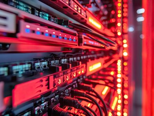 Server room data center network cables red lights
