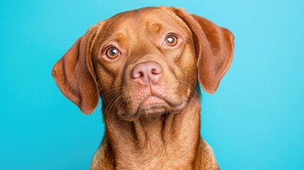 Cute dog portrait, blue background, pet studio shot