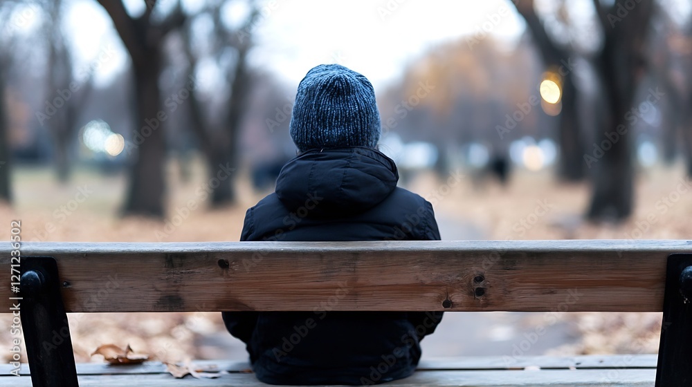Poster child in a beanie sitting on a park bench during autumn surrounded by colorful leaves : generative a