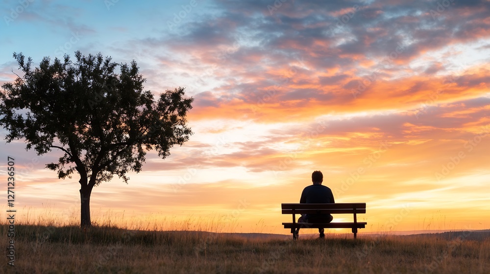 Poster lone figure on a bench by a tree watching a stunning sunset over rolling hills : generative ai