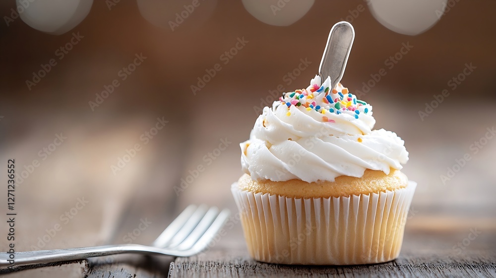 Poster deliciously decorated vanilla cupcake with frosting and colorful sprinkles on wooden table : generat