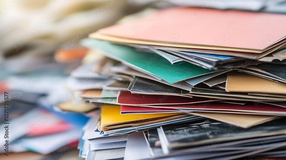 Aufkleber Colorful stack of assorted papers and documents creating a chaotic yet artistic desktop arrangement : Generative AI