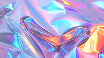 Iridescent crumpled foil with vibrant colors reflecting light, creating a surreal backdrop