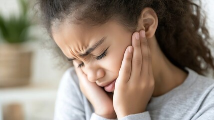 Young girl experiences dental pain while holding her face in distress at home : Generative AI