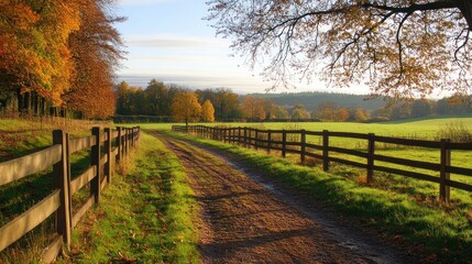 Obraz premium Scenic autumn country lane with wooden fence, vibrant foliage, and sunlight.