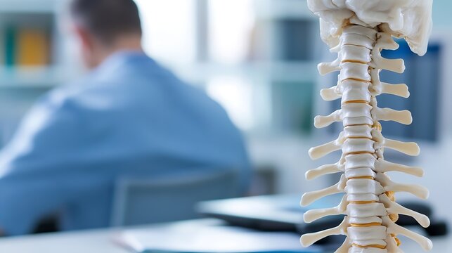 Closeup of a human spine model in a clinical setting with a patient in the background : Generative AI