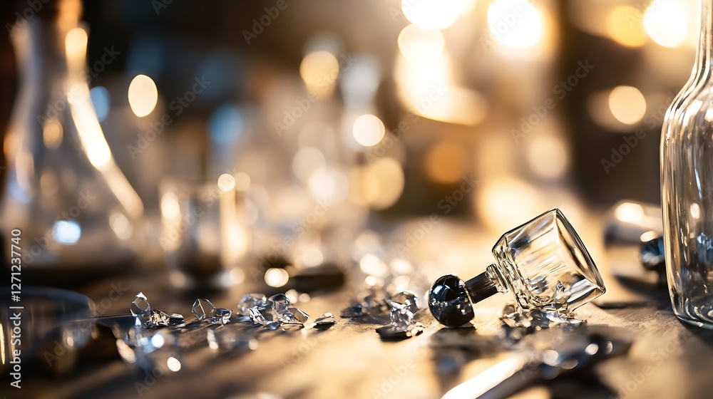 Poster artistic still life of broken glass bottles and scattered shards reflecting warm lights : generative