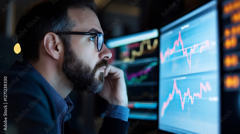Poster focused young businessman analyzing stock market data on multiple screens in a dark room : generativ