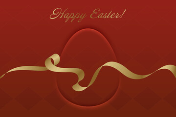 Divine Celebration. Elegant Easter greeting, golden ribbon, deep red background, Christian faith, holy day, spiritual joy, resurrection, blessings, church, devotion.