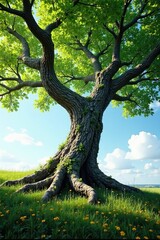 Obraz premium Ancient tree with gnarled trunk and branches stretching towards sky, ancient, leaves, nature