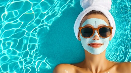 Naklejka premium Woman with a blue face mask is laying in a pool. She is wearing sunglasses and a white towel