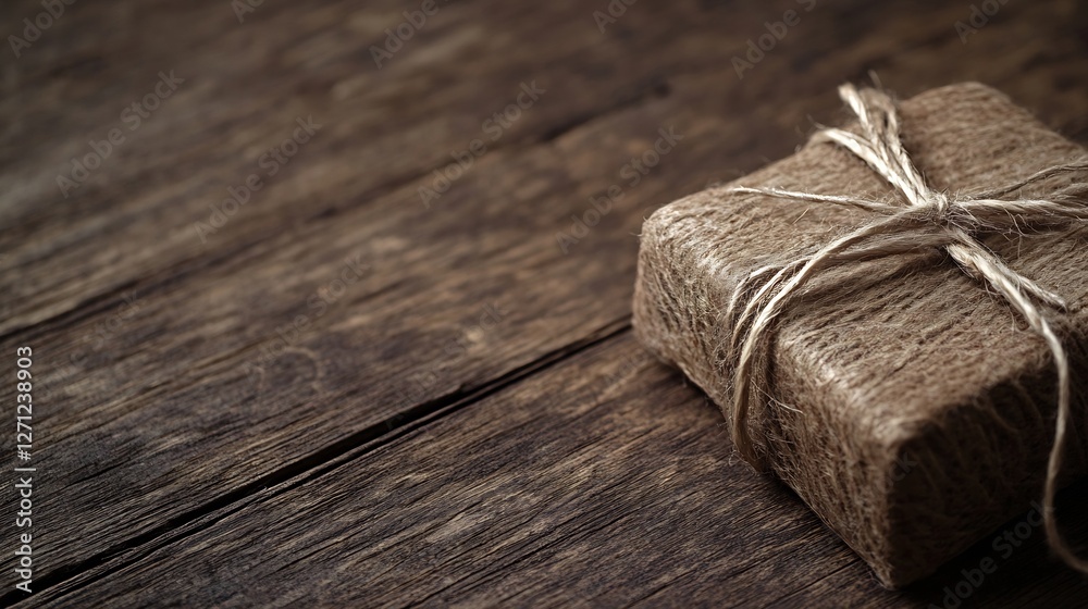 Poster sustainable wrapped package with twine on rustic wooden table in minimalist style : generative ai