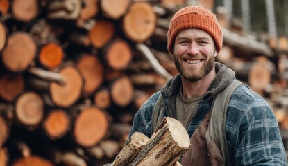 Smiling lumberjack carrying firewood near stacked logs