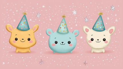 Fototapeta premium Cute cartoon animals in colorful party hats celebrating a joyful occasion with a festive background of stars