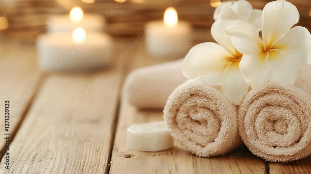 Poster Elegant spa setup with soft towels fragrant flowers and glowing candles for relaxation and tranquility : Generative AI