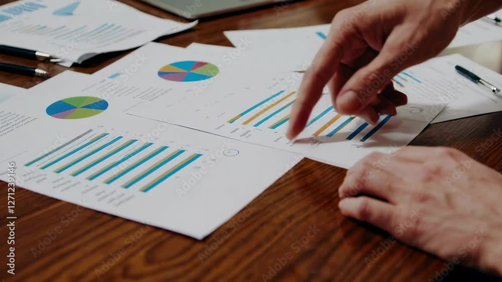 Poster business team analyzing marketing data in slow motion during a corporate meeting, pointing at charts