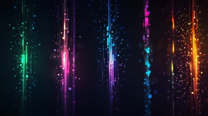 Vibrant abstract light streaks with colorful bokeh on dark background. Digital art, contemporary design, futuristic themes. Glitchcore, glowy iridescence bokeh sparkles. Festive light leak overlay 