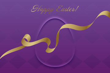 Happy Easter. Golden ribbon on purple background, festive greeting card, Christian holiday, resurrection, faith, blessing, church tradition, prayer, spiritual joy, renewal, spring celebration.