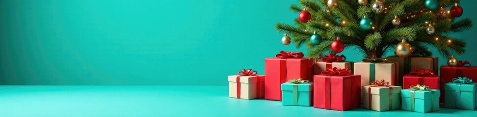 Colorful presents under Christmas tree on turquoise cyan backdrop, Christmas tree, Christmas, decorations