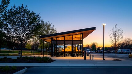 Fototapeta premium Modern Kiosk at Sunset with Warm Lighting