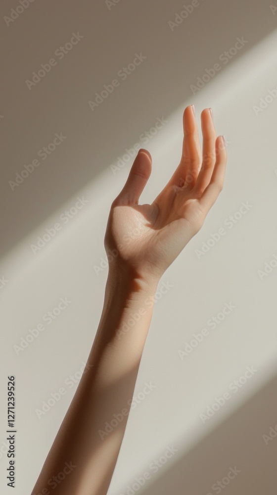 Aufkleber a graceful hand extends towards a warm beam of sunlight in a tranquil room, showcasing delicate feat