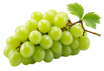 A high-quality 3D render of a fresh bunch of green grapes with a slight translucency and natural shine. A few water droplets are scattered across the surface for a refreshing look.