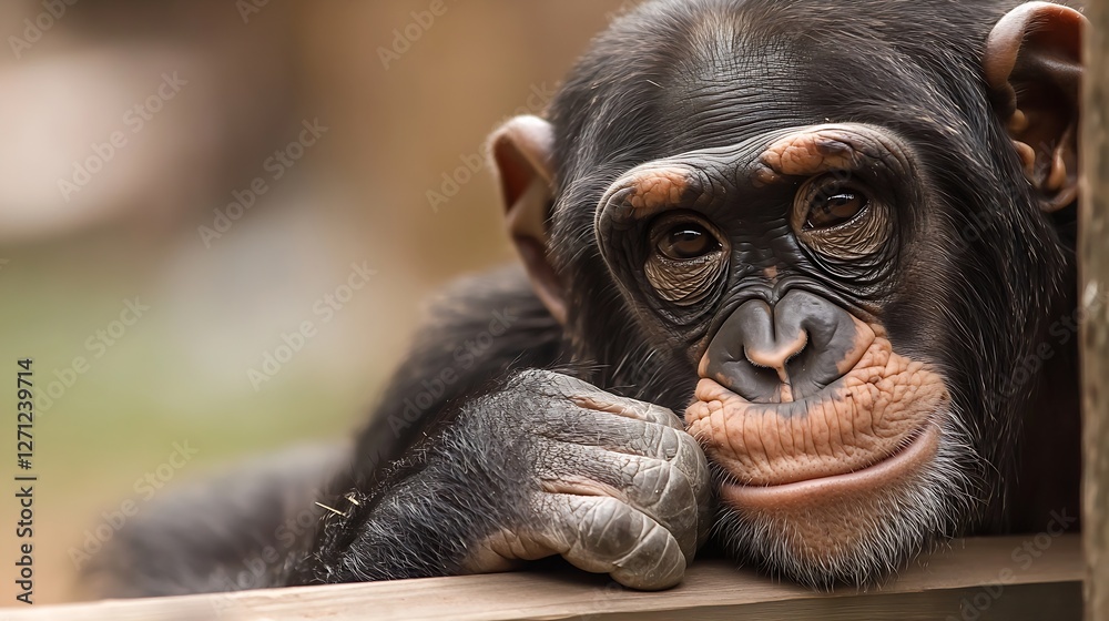 Poster Curious Chimpanzee Resting Head on Hand with a Thoughtful Expression in a Natural Setting : Generative AI