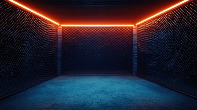 Dark Cage Fight Arena with Neon Orange Lighting MMA Boxing UFC Gym Background